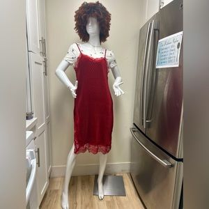 Free People Margot 2fer Slip Dress Polka Dot Lace Hem Floral RED Sz 6